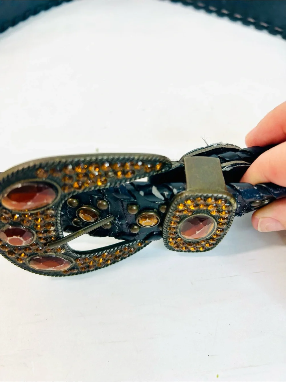 Western Rhinestone Whipstitch Belt with Orange Stones and Black Faux Leather